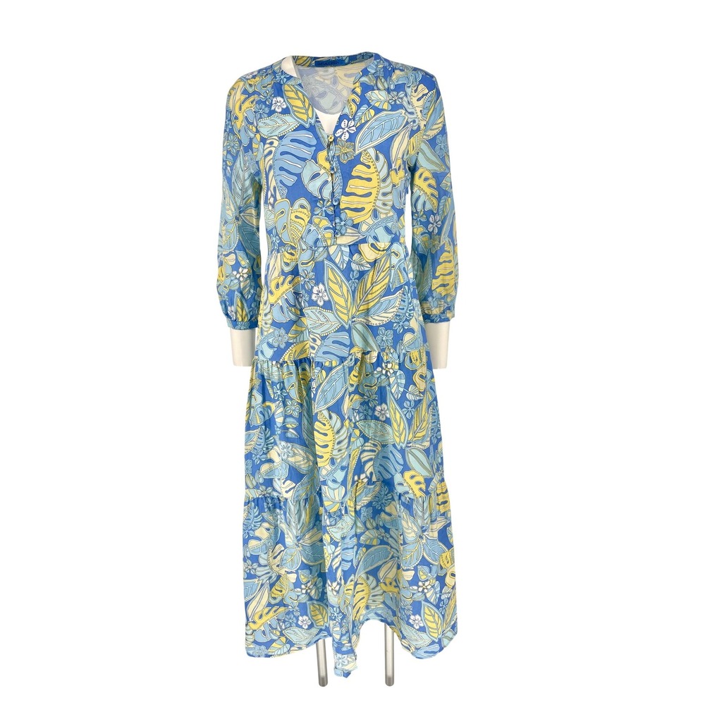 J McLaughlin Linen Cotton Blue Yellow Monstera Leaf Tiered Midi Dress S Pockets